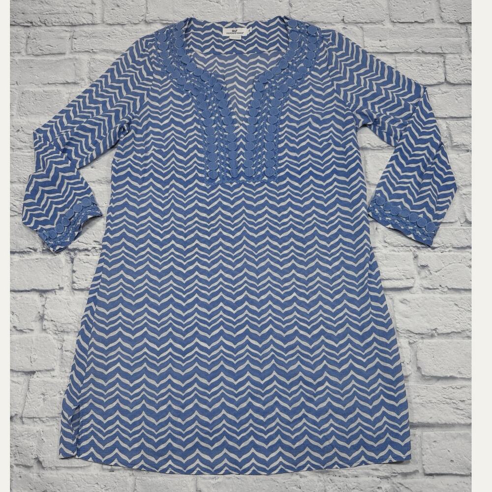 Vineyard Vines blue white chevron printed Tunic Swim coverup V-neck Cotton M